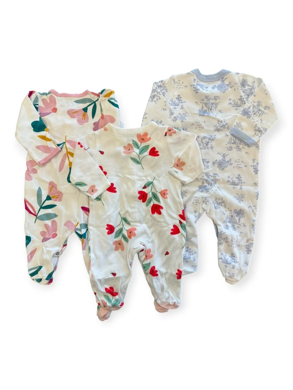 Set of 3 Baby Girl Footed Pajamas Sleepers, 3 Months, Floral and Storybook Print